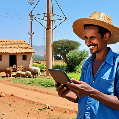 Home 11 Digital Infrastructure**
Prompt: A vibrant Eritrean village scene. In the foreground, a small farmer smiles, using a tablet to view agricultural best practices. In the background, a modern cell tower stands against a clear blue sky, symbolizing connectivity reaching rural areas. Emphasis on hope and technological advancement.
**