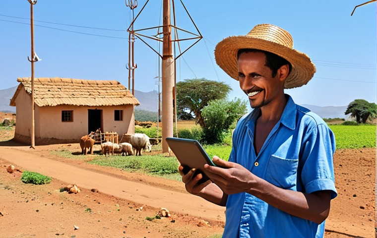 Digital Infrastructure**
Prompt: A vibrant Eritrean village scene. In the foreground, a small farmer smiles, using a tablet to view agricultural best practices. In the background, a modern cell tower stands against a clear blue sky, symbolizing connectivity reaching rural areas. Emphasis on hope and technological advancement.
**