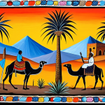 **Eritrean Artist's Reflection:** A vibrant painting in the style of Eritrean folk art, showcasing scenes of daily life reflecting both the hardships of poverty and the beauty of hope. Use a palette with stark contrasts of bright and dark colors to depict emotional depth, incorporating symbols of palm trees (resilience), camels (patience), and strong women (power) to represent the Eritrean spirit.