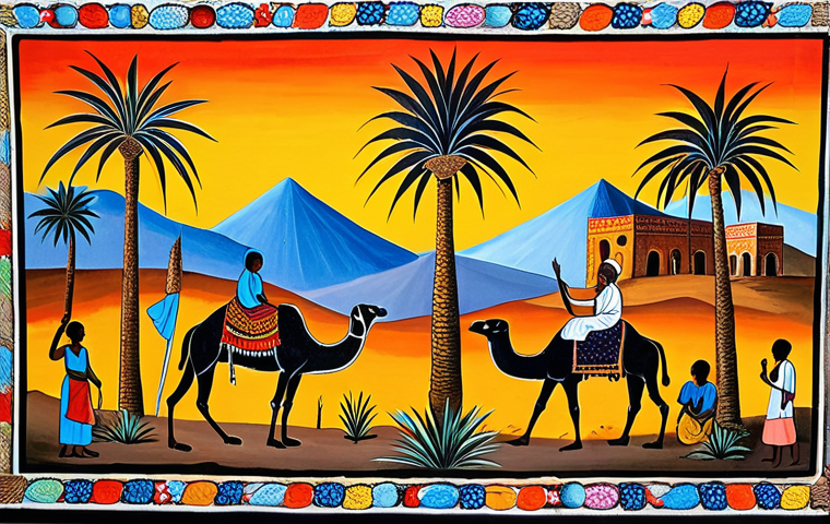 **Eritrean Artist's Reflection:** A vibrant painting in the style of Eritrean folk art, showcasing scenes of daily life reflecting both the hardships of poverty and the beauty of hope. Use a palette with stark contrasts of bright and dark colors to depict emotional depth, incorporating symbols of palm trees (resilience), camels (patience), and strong women (power) to represent the Eritrean spirit.
