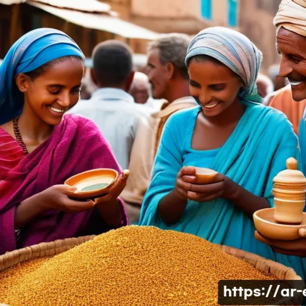 에리트레아에서의 봉사 활동 - A vibrant, bustling market scene in Asmara, Eritrea, bathed in warm, golden sunlight. Locals, dresse...