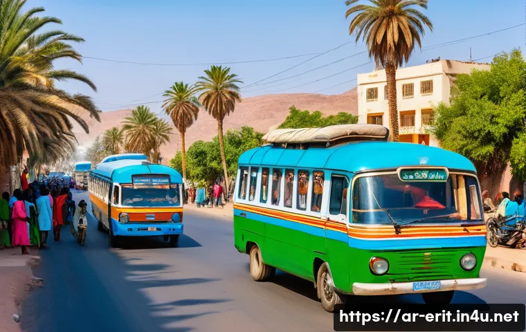 에리트레아 대중교통 시스템 - A bustling Eritrean city street scene during daytime, featuring a crowded public bus filled with div...