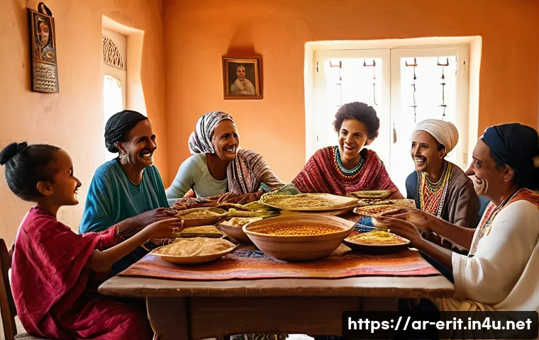 에리트레아 가족 문화 - A warm Eritrean family scene in a traditional home setting, showing multiple generations gathered ar...
