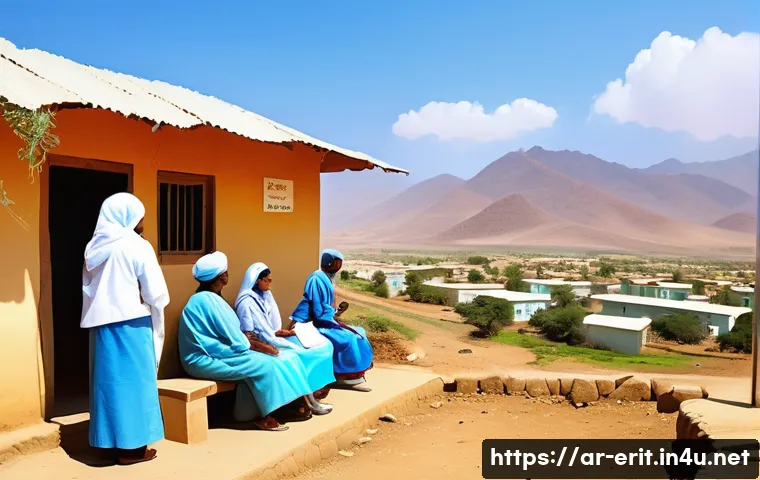 에리트레아를 위한 기부 - A vibrant rural Eritrean health clinic scene during daytime, showing a modern, well-equipped small h...