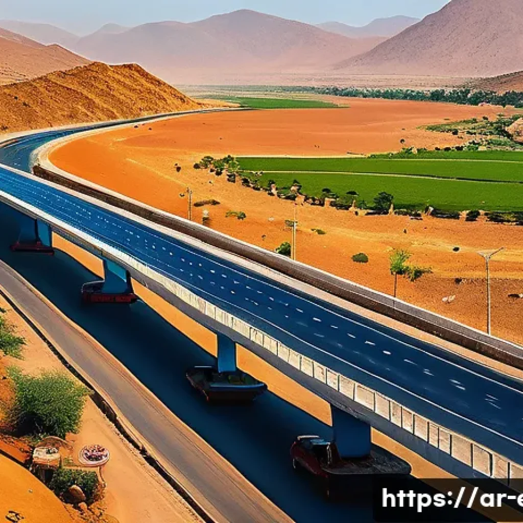 에리트레아의 경제 발전 - A vibrant scene showcasing Eritrean infrastructure development: a modern paved highway winding throu...