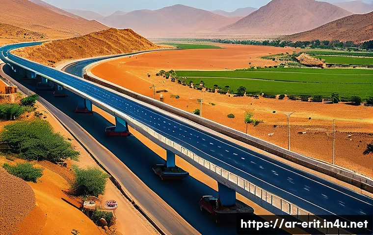 에리트레아의 경제 발전 - A vibrant scene showcasing Eritrean infrastructure development: a modern paved highway winding throu...