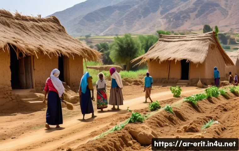 에리트레아의 소박한 생활 - A vibrant Eritrean village scene during the harvest season, showcasing a group of diverse villagers ...