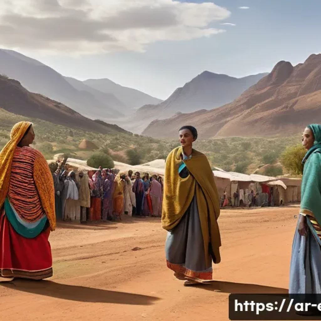 에리트레아 전쟁 이야기 - A detailed, realistic scene depicting a diverse group of Eritrean and Ethiopian ethnic communities l...