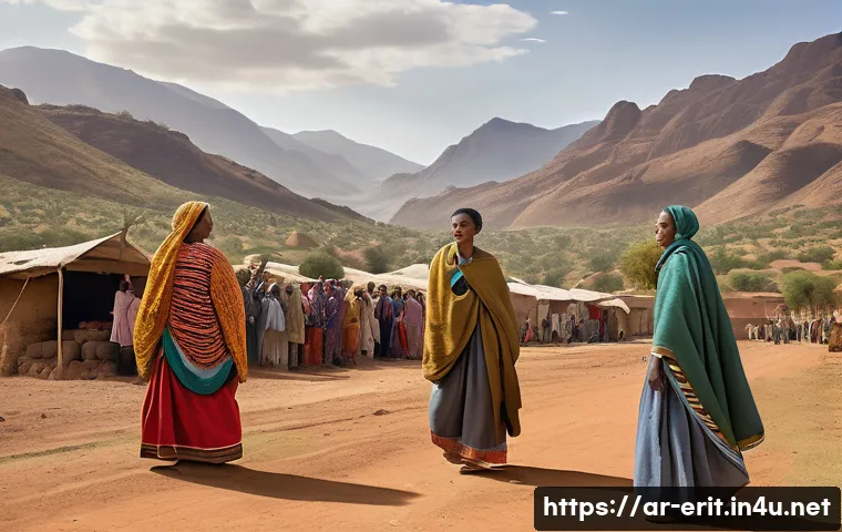 에리트레아 전쟁 이야기 - A detailed, realistic scene depicting a diverse group of Eritrean and Ethiopian ethnic communities l...