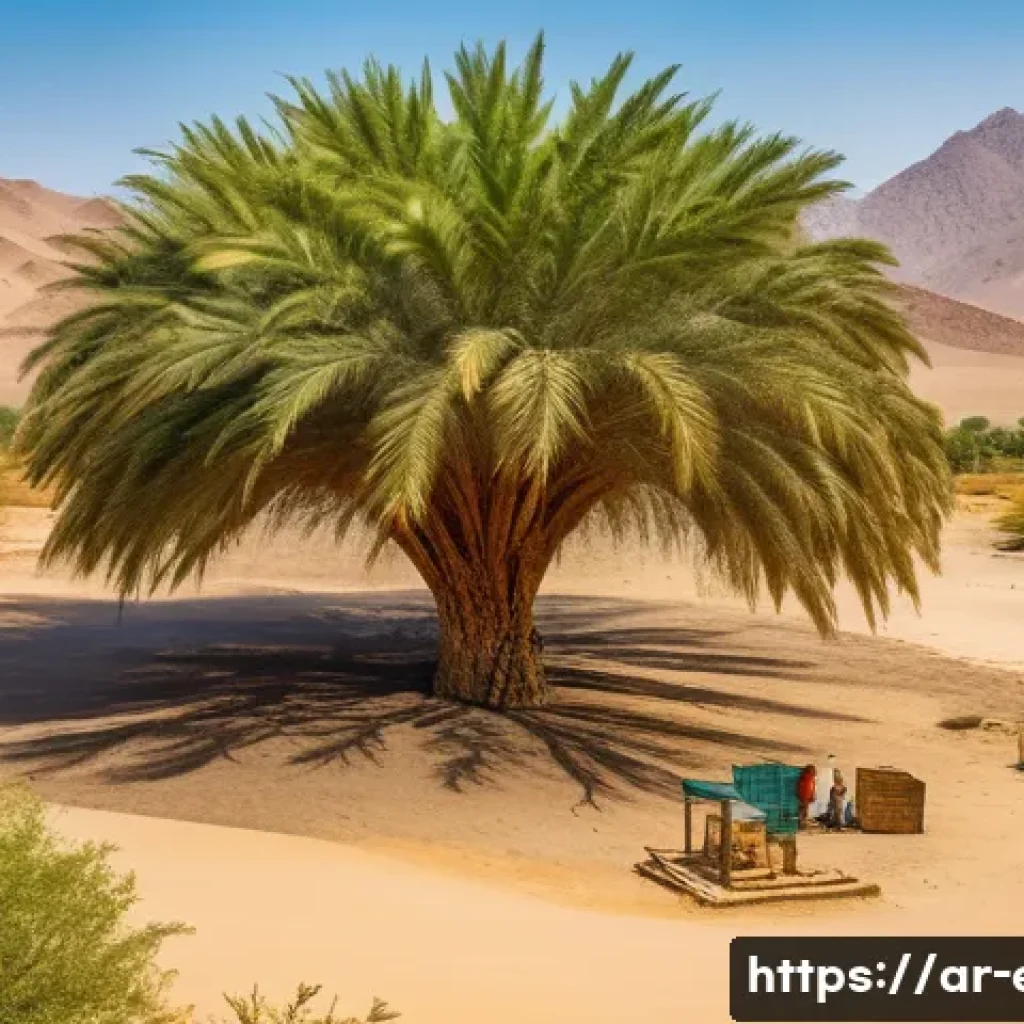 에리트레아의 사막 오아시스 - A vibrant desert oasis scene in Eritrea featuring lush date palm trees, thorny acacia trees, and des...