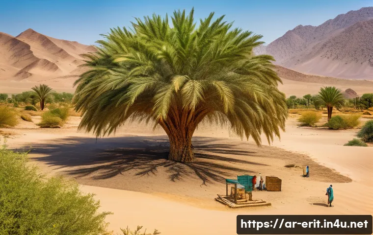에리트레아의 사막 오아시스 - A vibrant desert oasis scene in Eritrea featuring lush date palm trees, thorny acacia trees, and des...