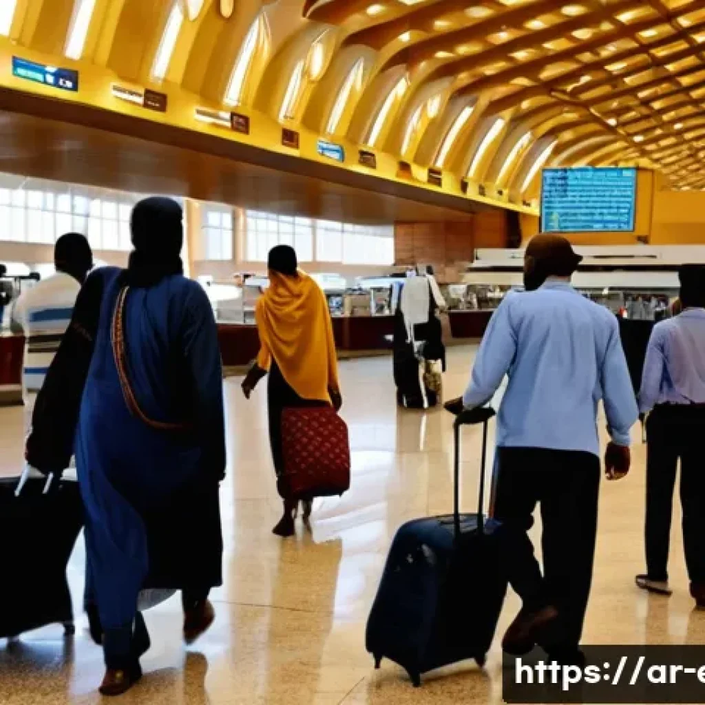 에리트레아로 가는 항공편 - A bustling international airport terminal in Asmara, Eritrea, showcasing a diverse group of Arabic-s...