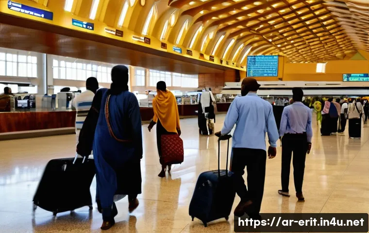 에리트레아로 가는 항공편 - A bustling international airport terminal in Asmara, Eritrea, showcasing a diverse group of Arabic-s...