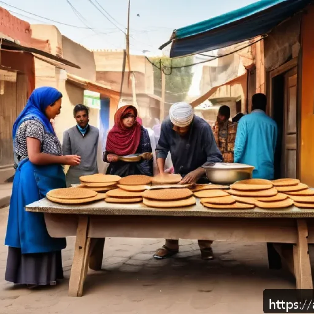 에리트레아의 길거리 음식 - A vibrant street food scene in Eritrea featuring a traditional vendor preparing injera bread on a la...