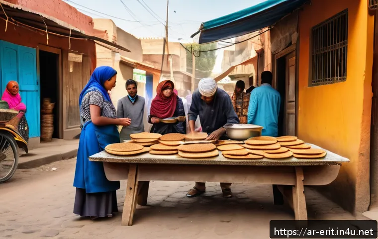 에리트레아의 길거리 음식 - A vibrant street food scene in Eritrea featuring a traditional vendor preparing injera bread on a la...