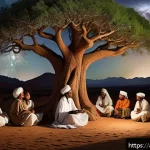 에리트레아의 신화 이야기 - A vibrant and detailed scene depicting an Eritrean elder storyteller seated under a large acacia tre...