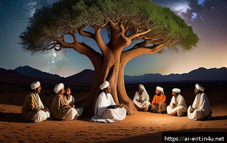 에리트레아의 신화 이야기 - A vibrant and detailed scene depicting an Eritrean elder storyteller seated under a large acacia tre...