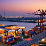 에리트레아의 현대적 변화 - A bustling Eritrean port at sunset, showcasing modern cargo cranes unloading colorful containers wit...
