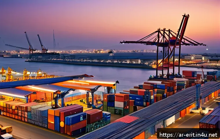에리트레아의 현대적 변화 - A bustling Eritrean port at sunset, showcasing modern cargo cranes unloading colorful containers wit...