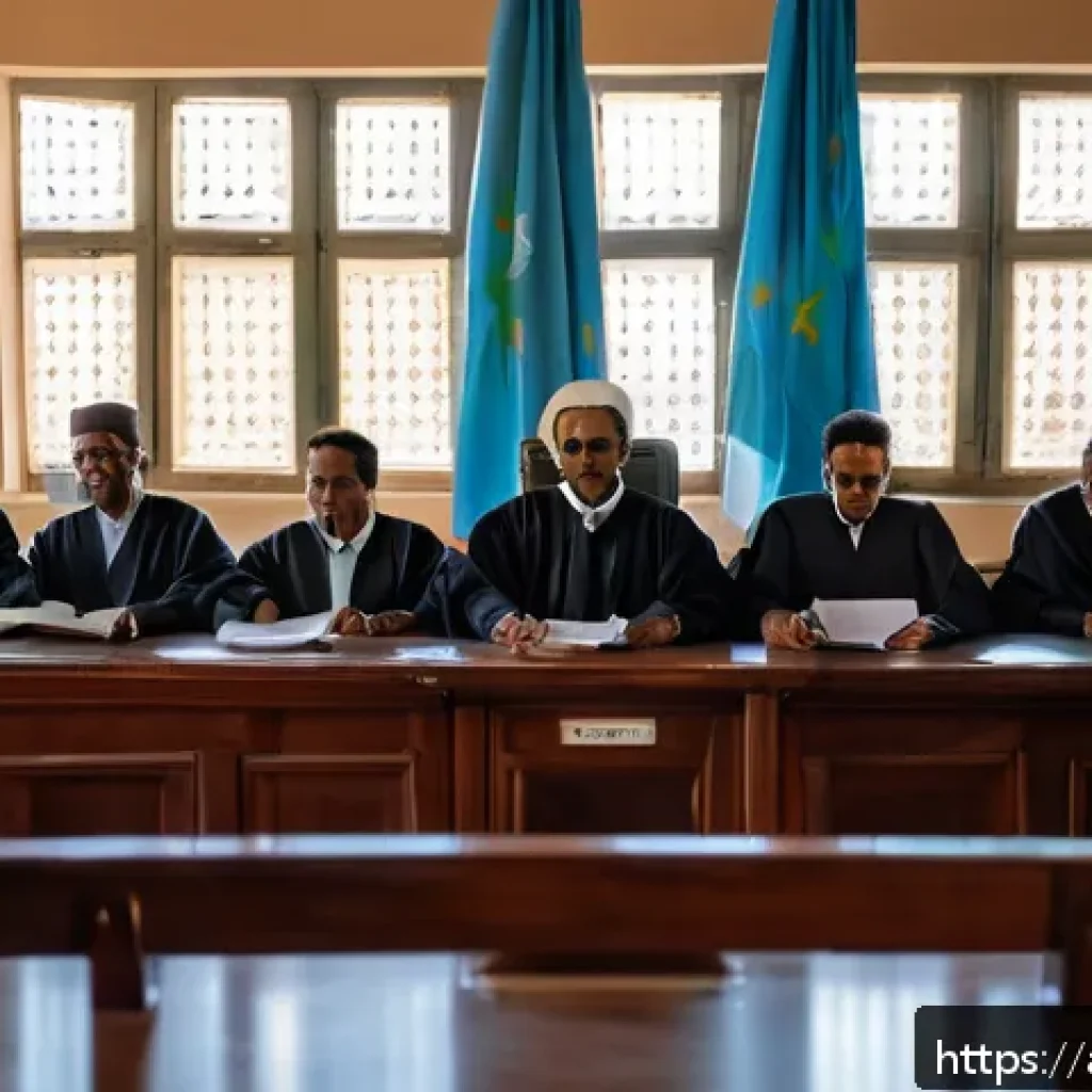 에리트레아의 법적 절차 - A detailed courtroom scene in Eritrea featuring a diverse group of people including a judge in tradi...
