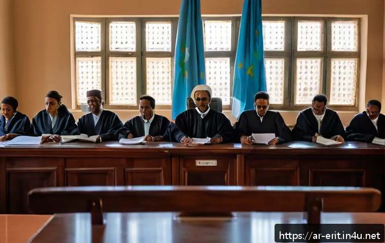 에리트레아의 법적 절차 - A detailed courtroom scene in Eritrea featuring a diverse group of people including a judge in tradi...