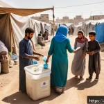 에리트레아 난민 문제 - A detailed scene inside a crowded refugee camp in a Middle Eastern setting, showing a family with ch...