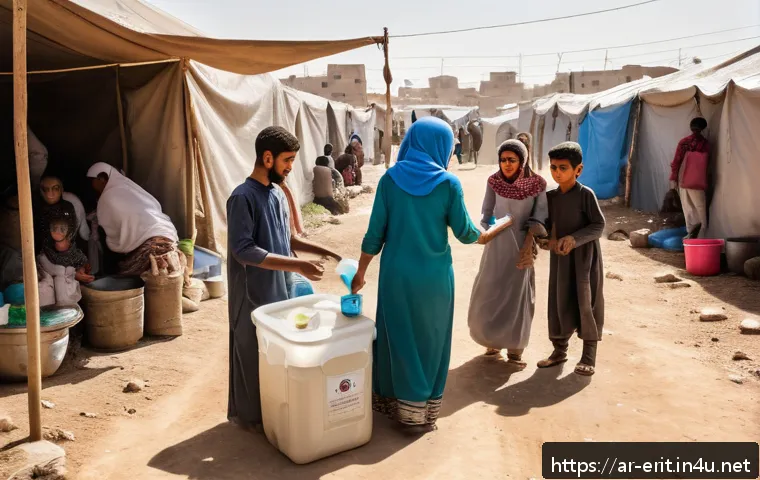 에리트레아 난민 문제 - A detailed scene inside a crowded refugee camp in a Middle Eastern setting, showing a family with ch...