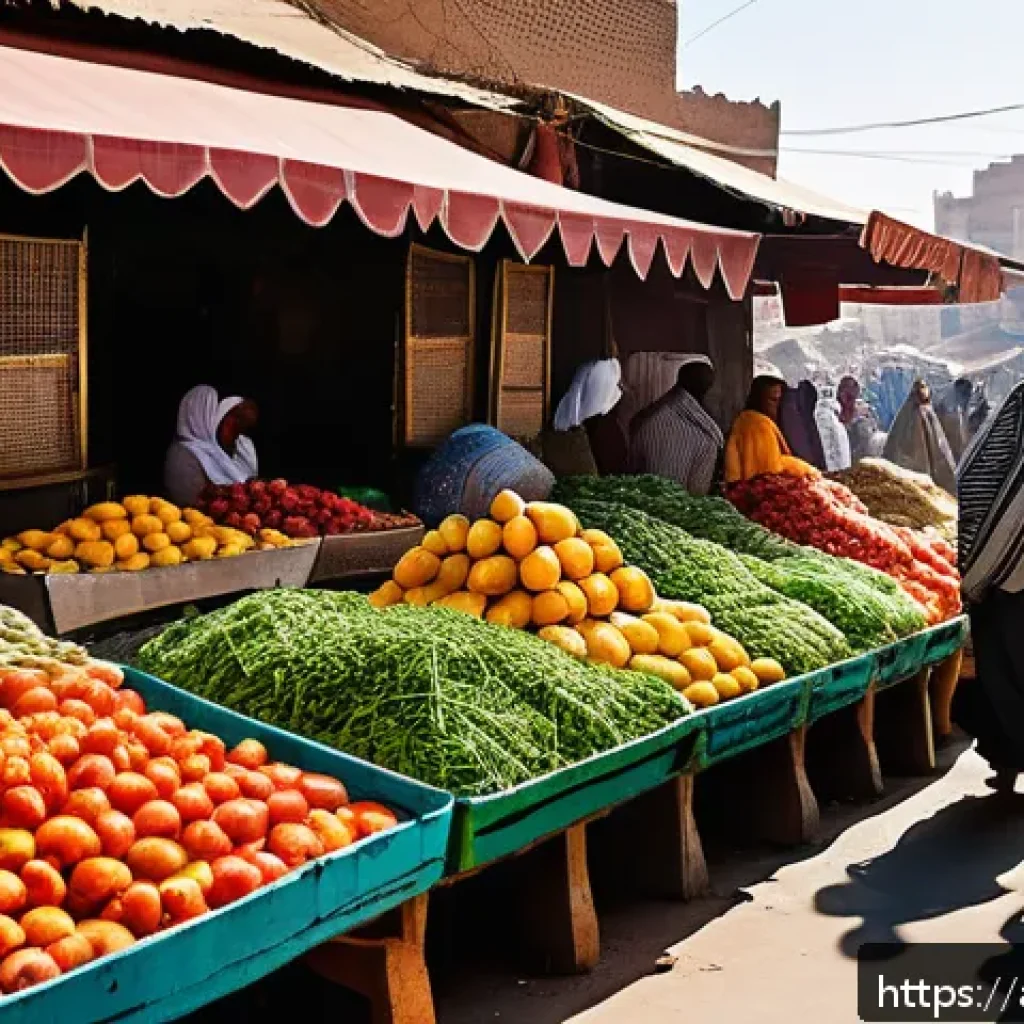 에리트레아의 환율 - A vibrant Middle Eastern open-air market scene in the early morning light, showcasing a variety of f...