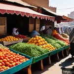 에리트레아의 환율 - A vibrant Middle Eastern open-air market scene in the early morning light, showcasing a variety of f...