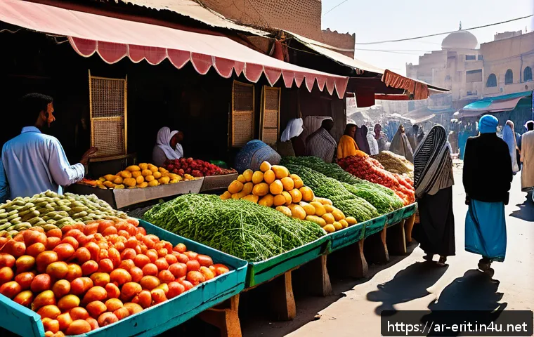 에리트레아의 환율 - A vibrant Middle Eastern open-air market scene in the early morning light, showcasing a variety of f...
