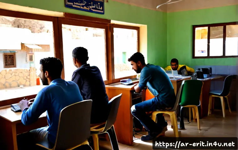 에리트레아에서의 인터넷 이용 - Photorealistic scene inside a modest internet café in Asmara, Eritrea, a young Arab-speaking travele...