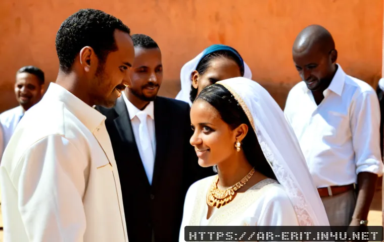 에리트레아의 전통 결혼식 - Photorealistic Eritrean traditional wedding ceremony in a sunlit courtyard, fully clothed bride in a...
