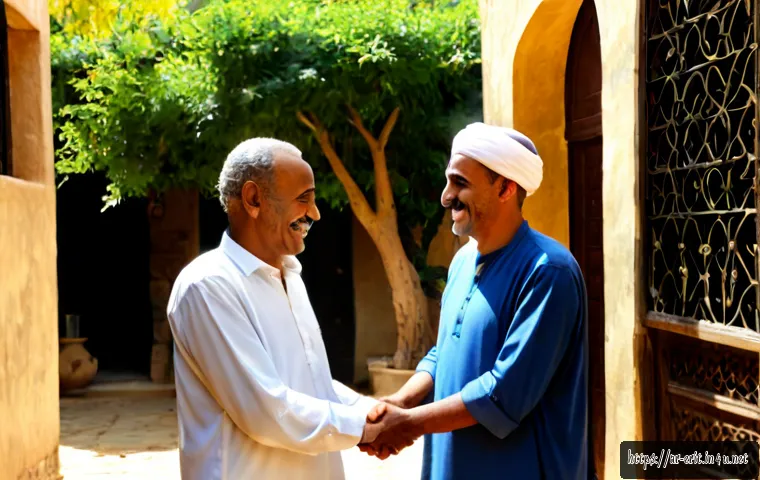 에리트레아에서 지켜야 할 에티켓 - Photorealistic respectful greeting in an Eritrean family courtyard, an Arab traveler in modest smart...